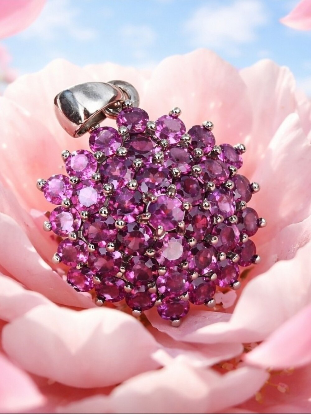 925 Sterling Silver Large Pendant 2.5x2.5cm with Natural Rhodolite Garnet Gems